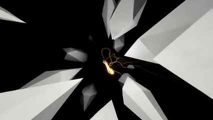Poster - Abstract animation, golden energy streams through fragmented white geometric shapes against black background, symbolizing energy flow, dynamism, and abstract concept