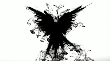 Poster - Black ink forming wings against white background, showcasing metamorphosis, transformation, emergence, flight, and freedom