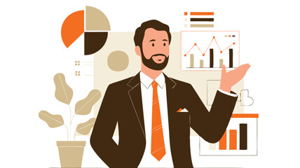 Poster - Illustrated Businessman Presenting Financial Data and Charts with Pie Charts and Graph Analysis