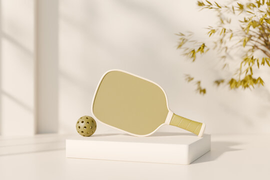 Pickleball paddle and ball set on a white platform in natural light. 3d rendering