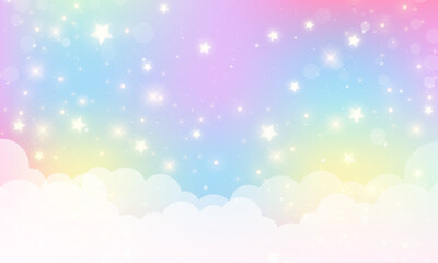 Pastel pink rainbow unicorn background, kawaii holographic gradient backdrop and abstract space landscape vector illustration with bokeh light, magic mermaid sky, cloud, glitter star and neon sparkle.