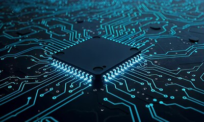 Detailed Electronic Circuit Board Displaying Blue Illuminated Lines and Square Processor Center
