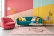 © Dahami - Playful postmodern living room with bold color blocking, teal sofa, coral armchair, abstract decor, gold accents, and geometric rug in vibrant contemporary design