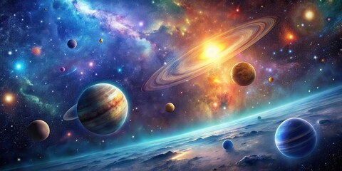 Wall Mural - Vast expanse of stars in a vibrant galaxy with planets in orbit around a central star