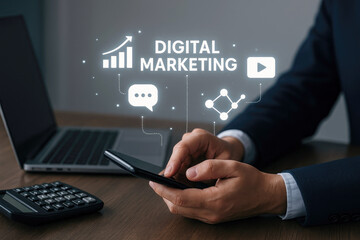 Poster - Business professional interacting with digital marketing graphics on phone technology