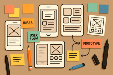 Poster - Mobile app wireframes and sticky notes for design sprint mobile app design user flow