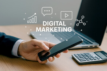 Poster - Person holding smartphone near laptop and calculator with digital marketing icons