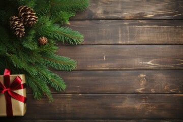 Poster - Golden gift box with red ribbon, fir tree branches, and pine cones arranged on a dark wooden background, creating a festive christmas border