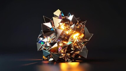Fototapete - Abstract Render of a Metallic Sphere Composed of Reflective Triangle Facets with Iridescent Colors and Glowing Light on Dark Background