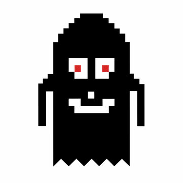 Pixelated Black Ghost with Red Eyes in Retro 8 Bit Style on White Background