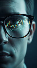 Poster - Close-up of face reflected in glasses, showing financial chart data analysis, symbolizing market vision and strategic decision-making in business