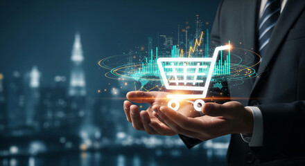 Poster - Hands hold glowing shopping cart icon, surrounded by digital data, graphs, and city skyline background, representing e-commerce, online sales, and global market analysis