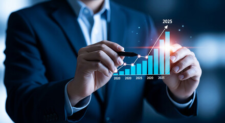 Poster - Businessperson drawing upward trending graph, symbolizing growth, success, and future projections for business planning and strategic development