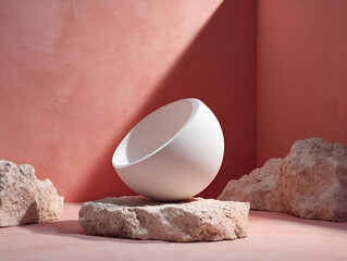 Poster - Minimalist White Sphere Sculpture on Stone Pedestal with Earth Tone Background