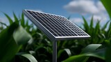 Solar panel in a lush green field under a blue sky with clouds. Solar panel in a lush green field under a blue sky with clouds.