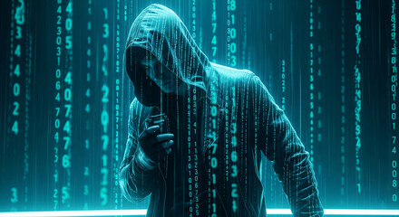 Poster - Hooded figure, teal digital code background, holding device, symbolizes cybersecurity, digital privacy, technology