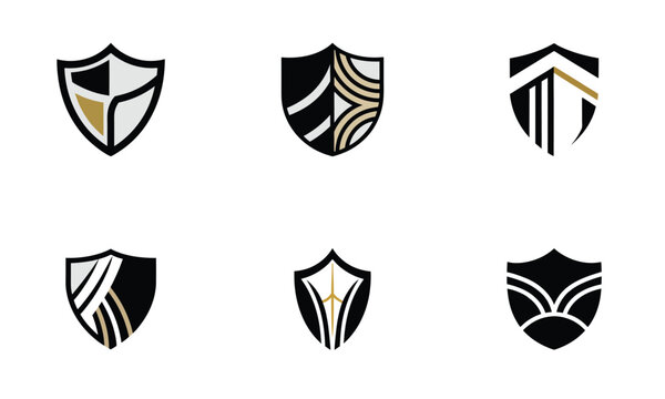 Set of 6 Modern Shield Icons  Geometric Black and White Vector EPS for Logos, Emblems & Badges. Unique Shield Icons Set – Minimalist Black & Grey Vector EPS for Modern Logos & Emblems