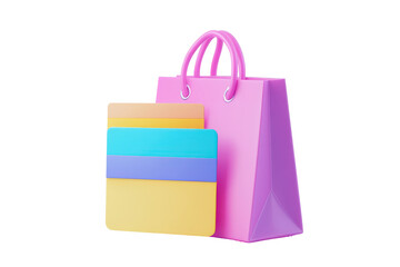 Poster - A credit card with a shopping bag in the background. isolated in 3d cartoon character on white background