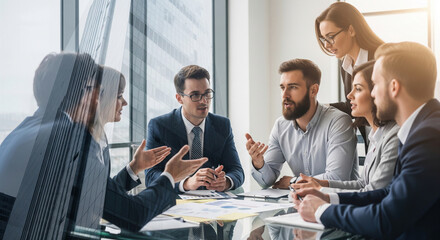Poster - Businesspeople collaborating around glass table, city skyline superimposed, showcasing teamwork and modern office environment, ideal for business or corporate concepts