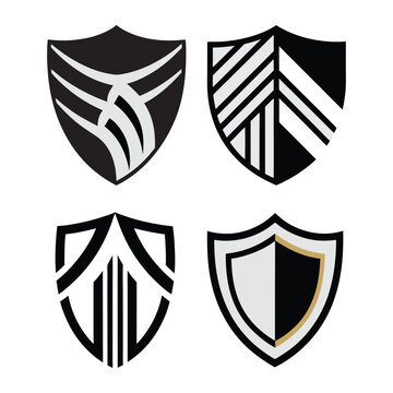 Set of 6 Modern Shield Icons  Geometric Black and White Vector EPS for Logos, Emblems & Badges. Unique Shield Icons Set – Minimalist Black & Grey Vector EPS for Modern Logos & Emblems