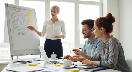 Poster - business team meeting, woman presenting sales data on whiteboard, colleagues using laptop, showing t