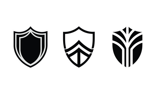 Set of 6 Modern Shield Icons  Geometric Black and White Vector EPS for Logos, Emblems & Badges. Unique Shield Icons Set – Minimalist Black & Grey Vector EPS for Modern Logos & Emblems