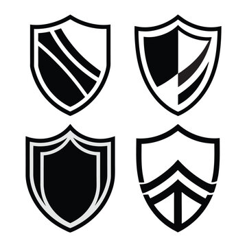 Set of 6 Modern Shield Icons  Geometric Black and White Vector EPS for Logos, Emblems & Badges. Unique Shield Icons Set – Minimalist Black & Grey Vector EPS for Modern Logos & Emblems