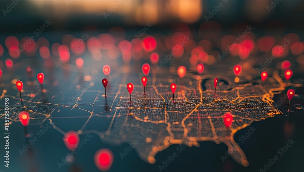 US map with numerous glowing red location pins Stock Photo | Adobe Stock
