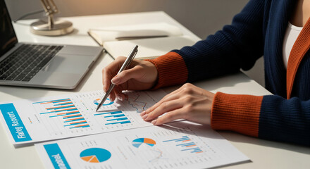 Poster - Woman's hands analyzing financial charts, pen in hand, laptop and notebook in background, showcasing business analysis and planning