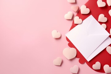 Poster - Valentine's day message concept with white envelope and red and pink hearts on pink background, creating romantic atmosphere