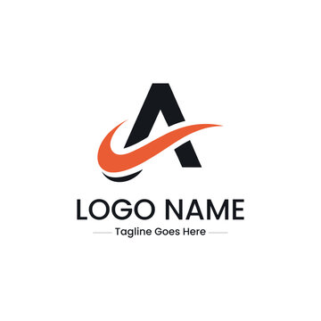 Vector art of letter a logo design with orange swoosh isolated on white background