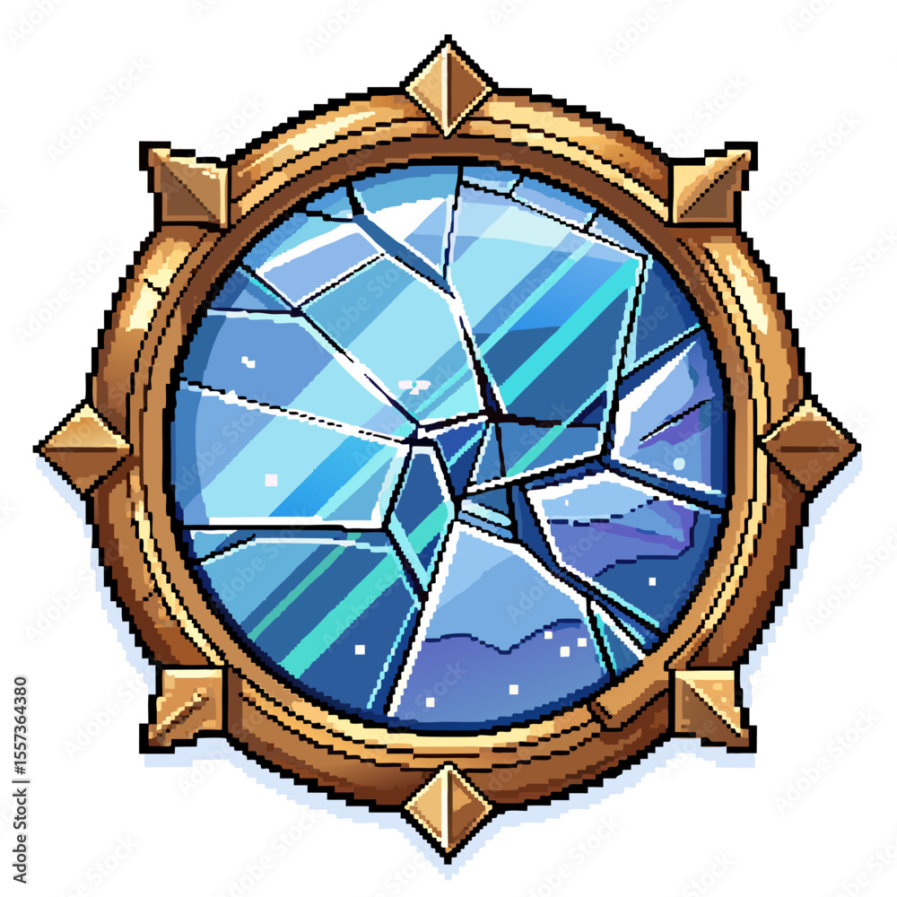 Pixel Art Shattered Glass Window with Blue Ice Texture and Brass Frame ...