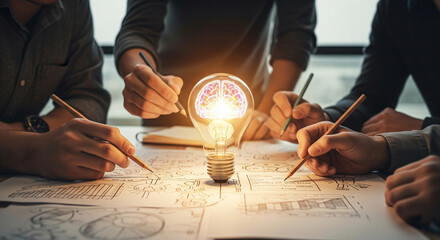 Poster - Illuminated bulb with brain inside, surrounded by hands sketching on paper, showcasing brainstorming and idea generation, symbolizing creativity and teamwork