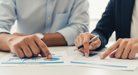 Poster - Close-up of hands reviewing financial charts, showcasing business analysis and collaboration, symbolizing teamwork, strategy, and growth