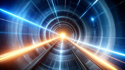 Fototapete - Abstract Tunnel with Blue And Orange Lights in Perspective View Illustrating Speed And Motion