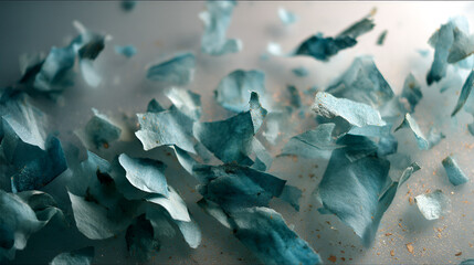 Poster - Floating Blue Paper Pieces and Gold Dust Abstract Still Life Art