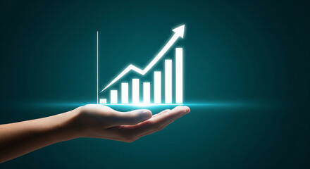 Poster - Hand holding glowing bar graph, arrow pointing upward, symbolizing growth, success, and progress in business and finance