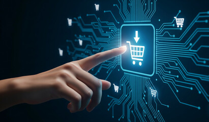 Poster - Hand interacting with digital shopping cart interface, symbolizing online purchasing, e-commerce, and digital technology