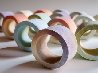 Poster - Arrangement of Pastel Colored Doughnut Shaped Objects on White Surface