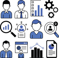Poster - Collection of business and analytics icons featuring people charts graphs and gears for data analysis and strategy