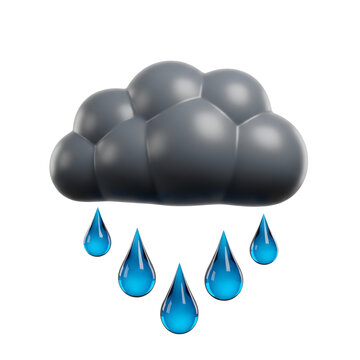 Stylized 3d rendering of a dark grey rain cloud with five clear blue water droplets falling