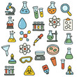 © สุทธิรัศมิ์ กุลเมือง - Colorful cartoon laboratory icon set with microscope, test tubes, flasks, atom, petri dish, dropper, and safety goggles for science fun