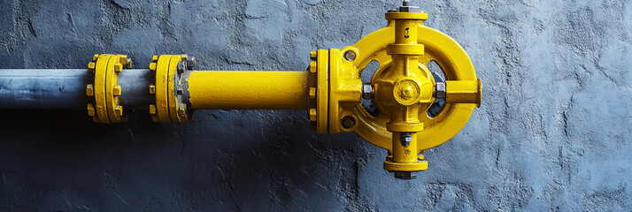 Poster - Close-up view of industrial yellow pipe system on textured wall Generative AI