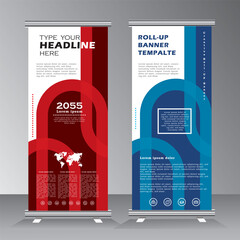 Wall Mural - Mordern Roll Up Banner template vector illustration, vertical roll up banner with red and blue color, geometric, background, standy design , display, advertisement, pull up banner,