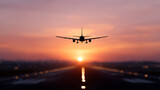 Airplane takes off runway against beautiful sunset. Commercial jet aircraft flies. Travel, transportation, aviation concept. Passenger plane depart sky. Flight at sunset. Vacation, journey, adventure