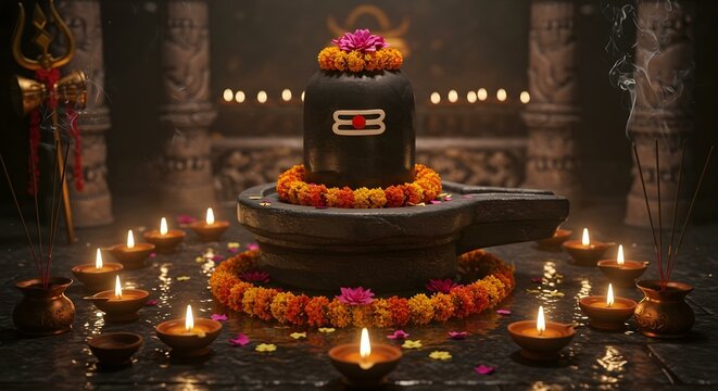 Mystical Shiva Lingam A 3D Render of Sacred Hindu Deity with Spiritual Candles and Flowers