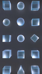 Poster - Translucent Blue Geometric Shapes Cubes Spheres Pyramid 3 D Render Dark Background geometry
