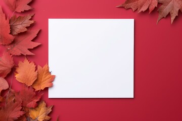 Poster - Blank card on red background with autumn leaves