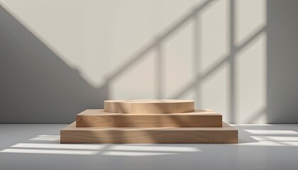 Poster - Modern Wooden Display Pedestal with Shadows and Soft Lighting
