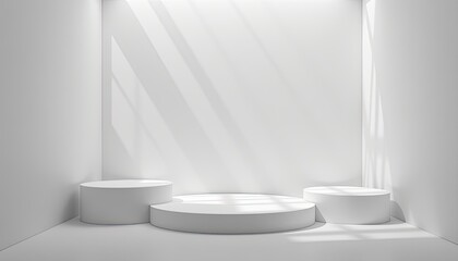 Poster - Minimalistic Empty Studio Space with White Circular Platforms and Light